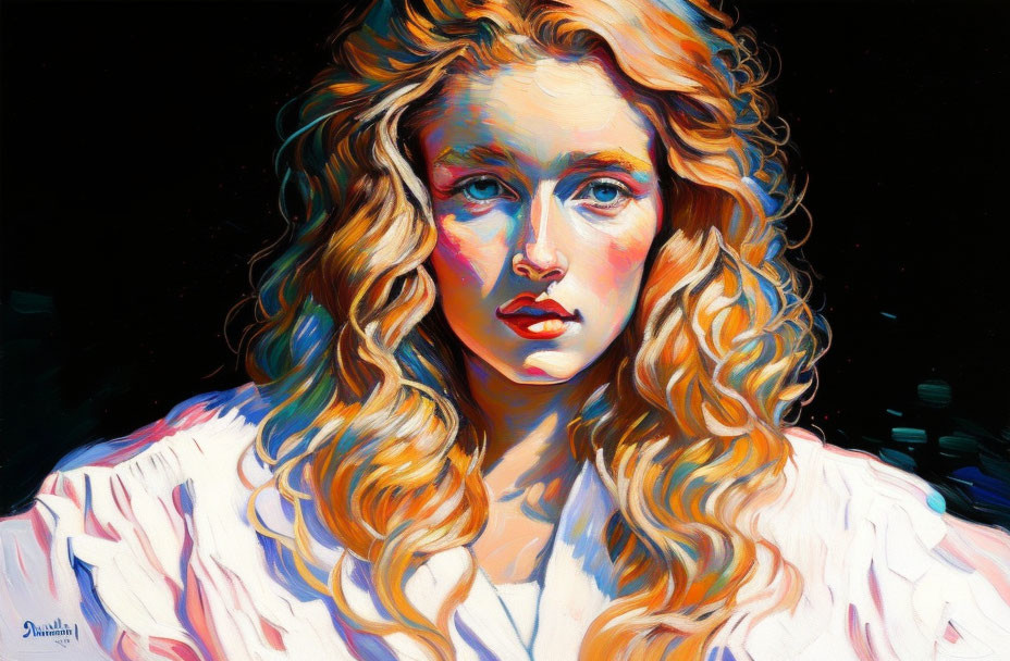 Colorful portrait of woman with blonde hair and blue eyes on dark background