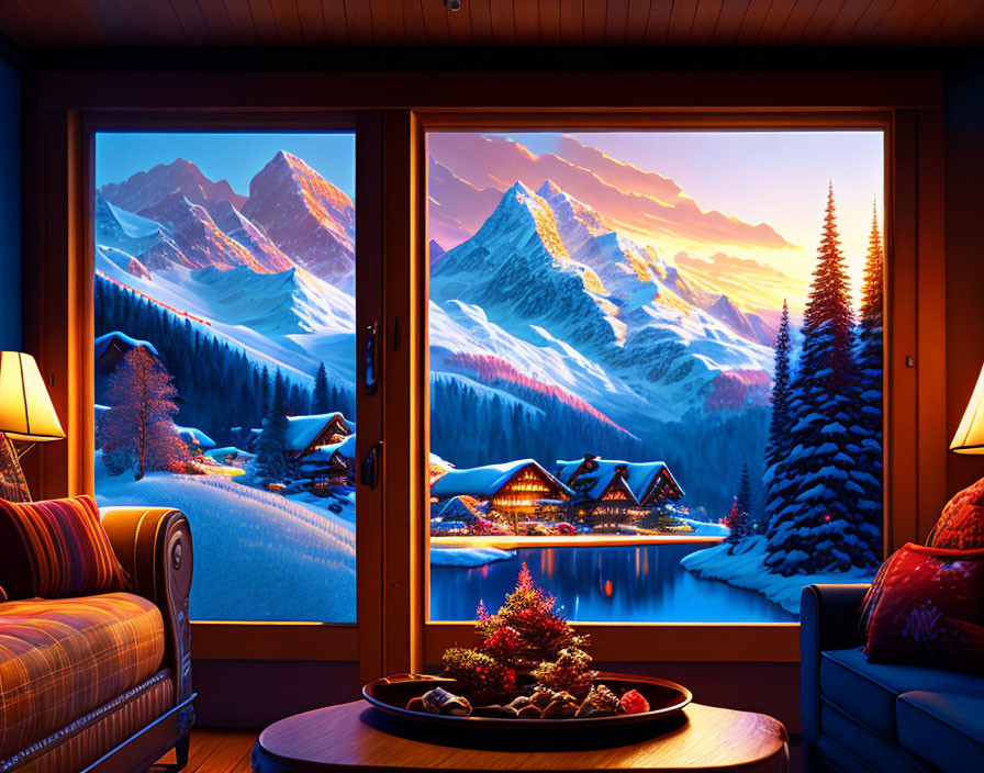 Cozy room glass door snowy mountain sunset view