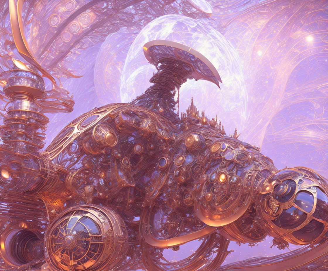 Bronze steampunk machinery in pastel cosmic setting