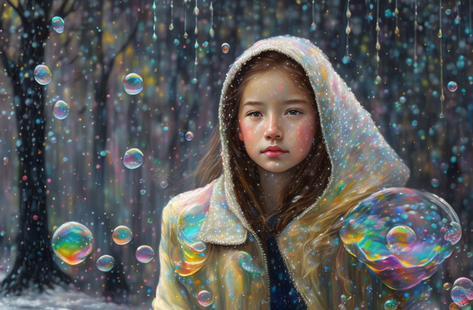 Young girl in hooded jacket with soap bubbles in wintry forest.