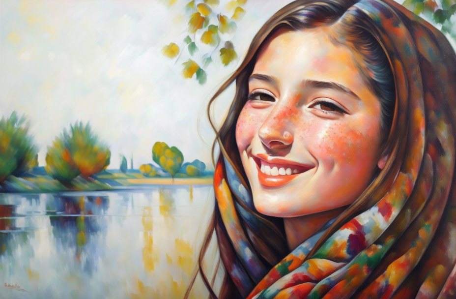 Colorful Painting: Smiling Girl with Scarf, Trees, and Water Reflection