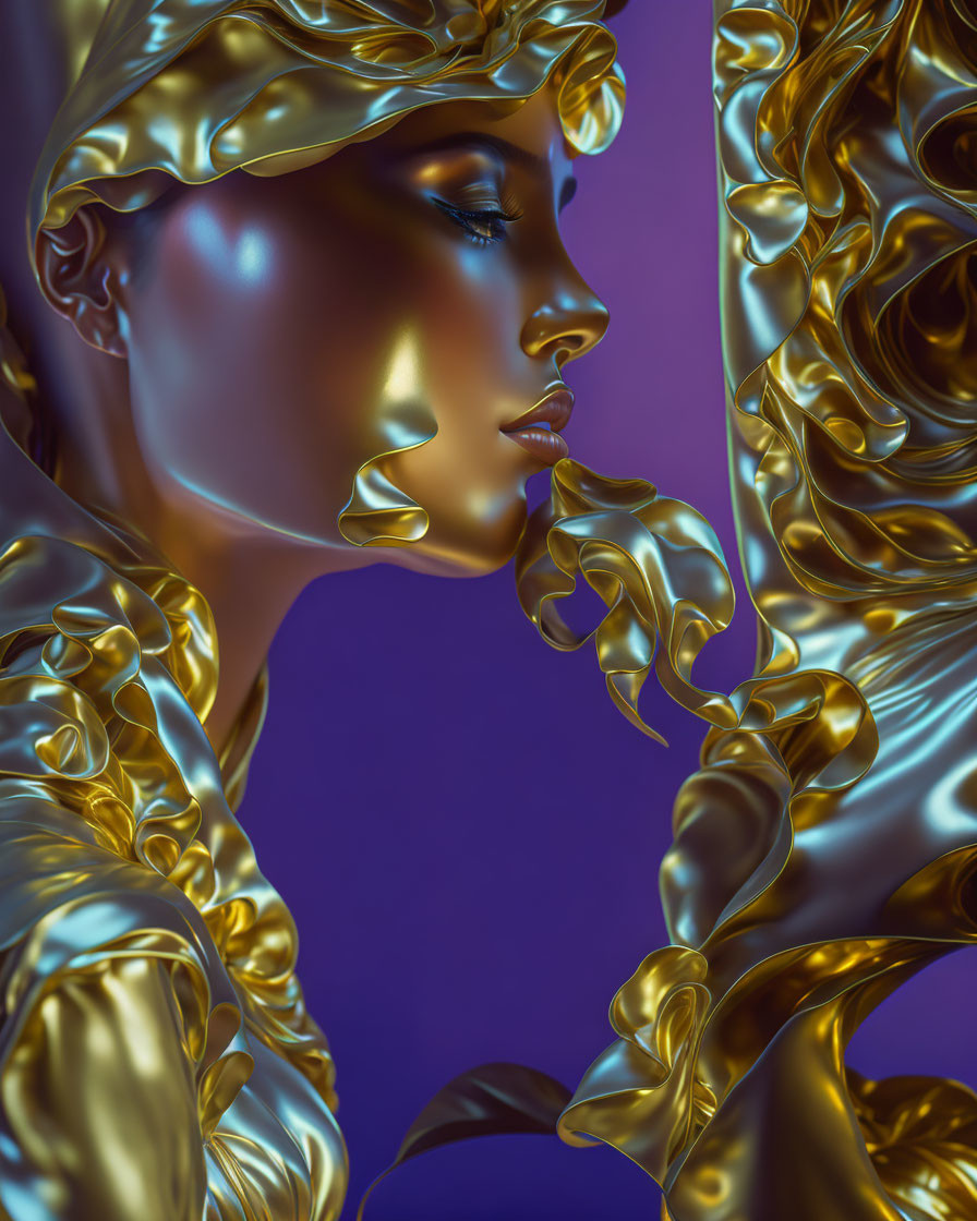 Golden-featured person with baroque embellishments on blue background