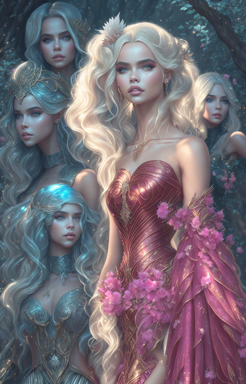 Ethereal female figures in ornate attire among luminous forest.