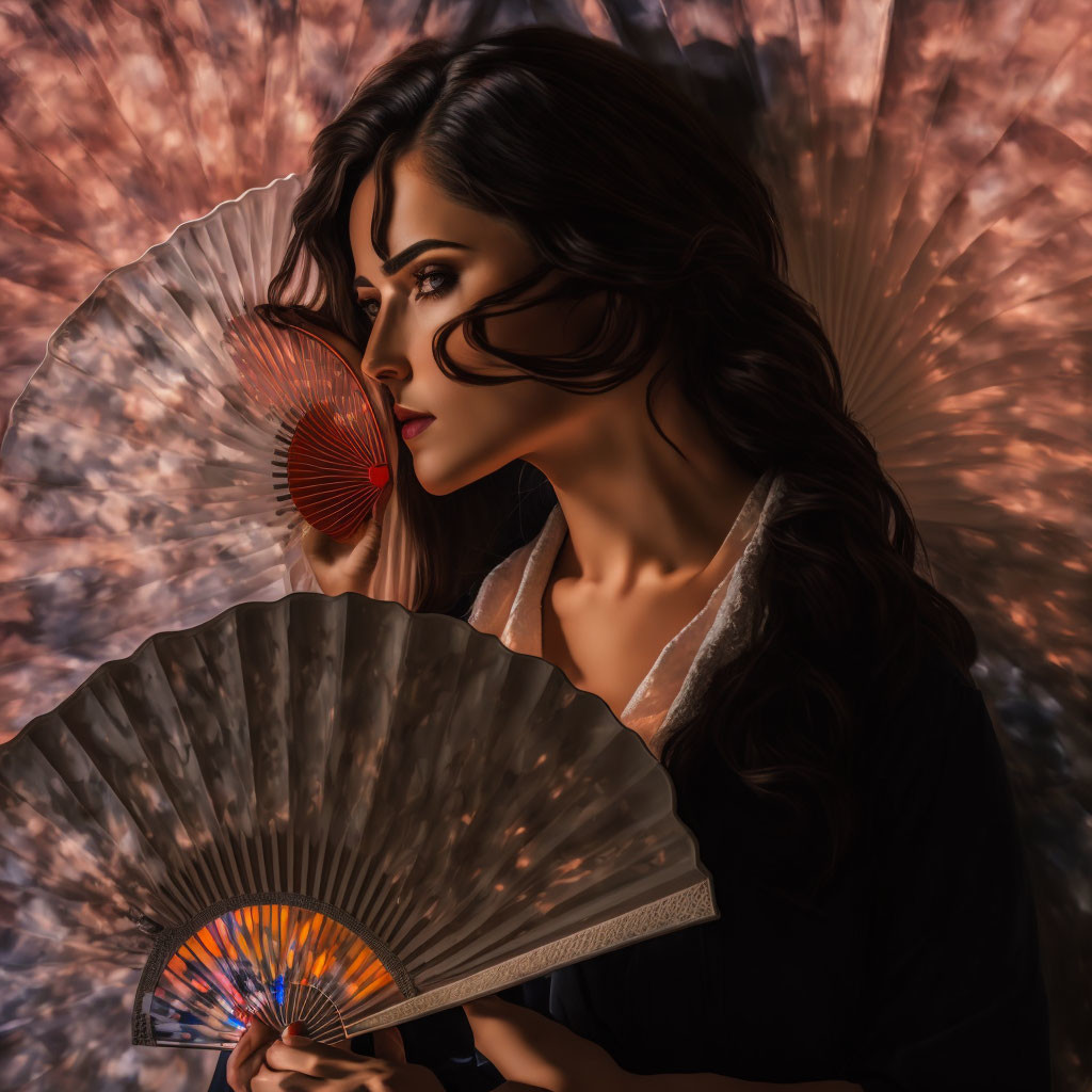 Dark-haired woman holding open fan in warm autumnal setting