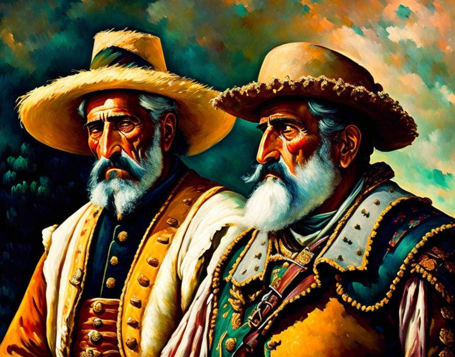 Vibrant painting featuring two men with beards in period attire