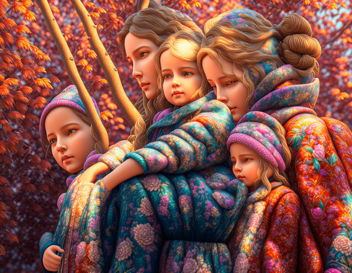 Mother and three children in matching outfits embrace in autumn setting