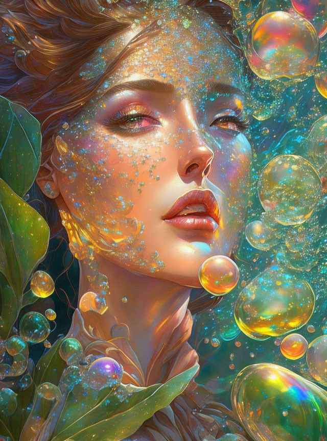 Vibrant digital portrait of woman with bubbles and detailed leaves