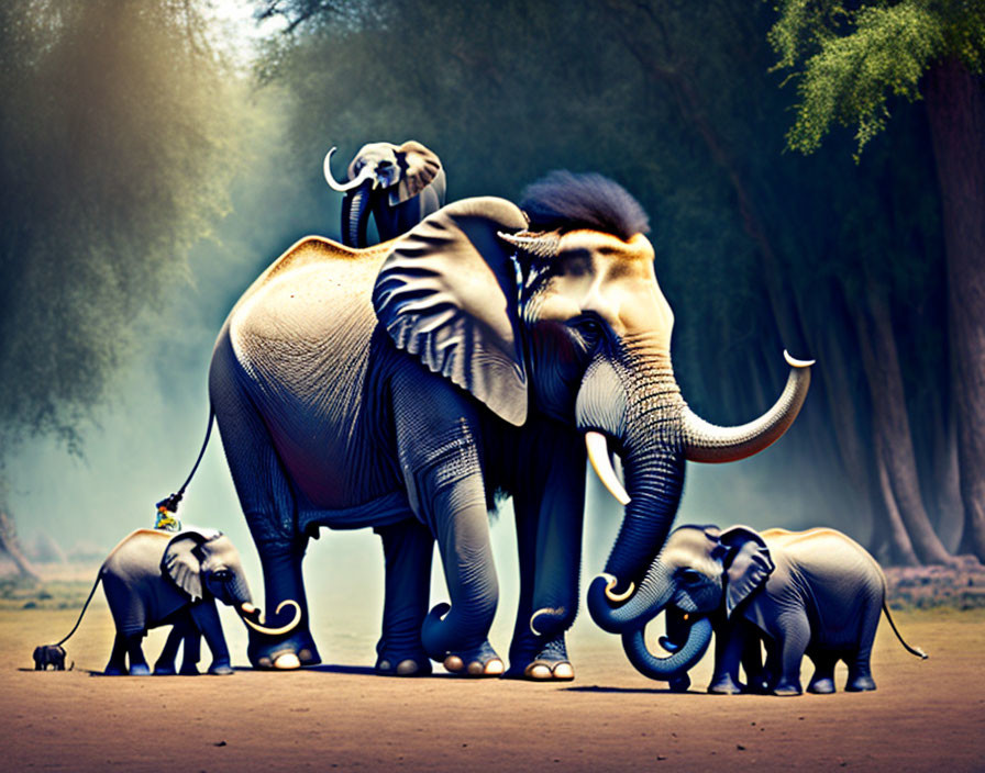 Elephant procession with adult, calves, and rider in misty forest