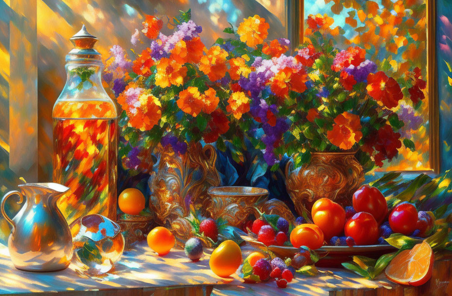 Colorful still-life painting with flowers, fruits, water pitcher, and bottle on a sunlit table