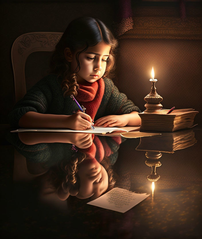 Young girl writing by candlelight with reflection and warm ambiance