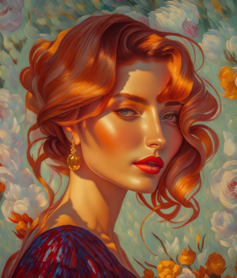 Illustrated woman with auburn hair and red lipstick among pastel flowers