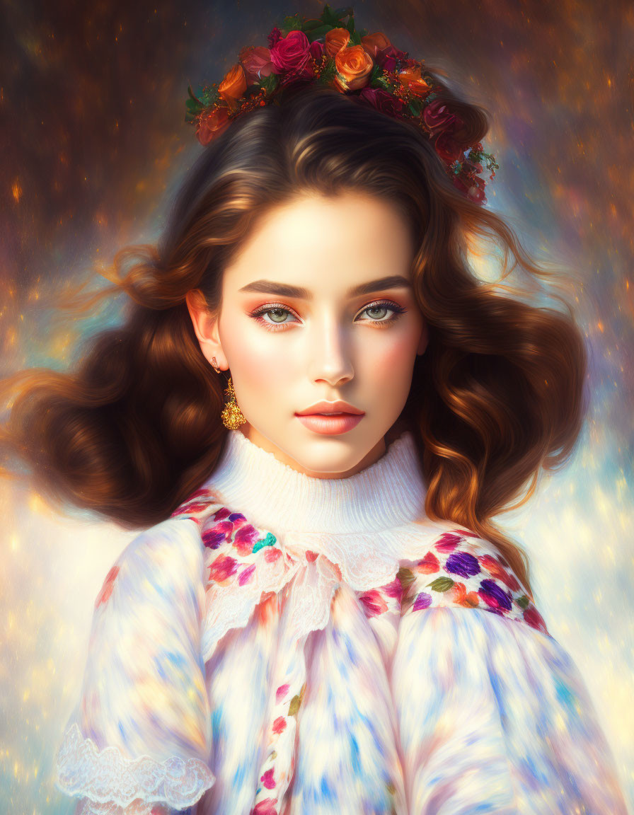 Digital Artwork: Young Woman with Floral Crown and Cosmic Background