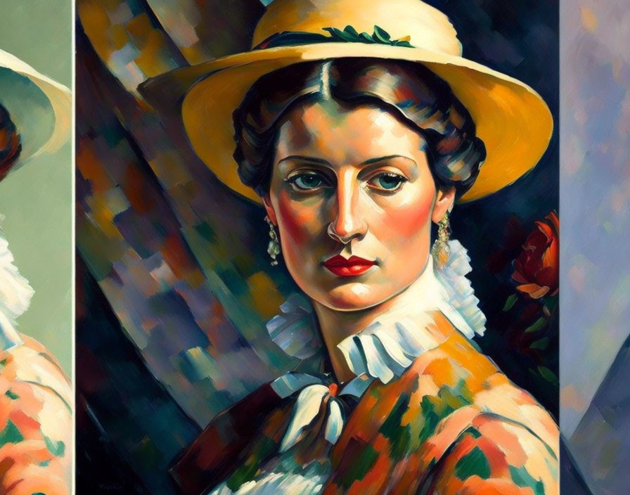 Portrait of Woman in Yellow Hat with Red Earrings & Orange Blouse