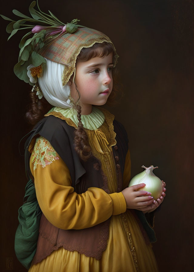 Young girl in vintage attire holding an onion with a hat and flower