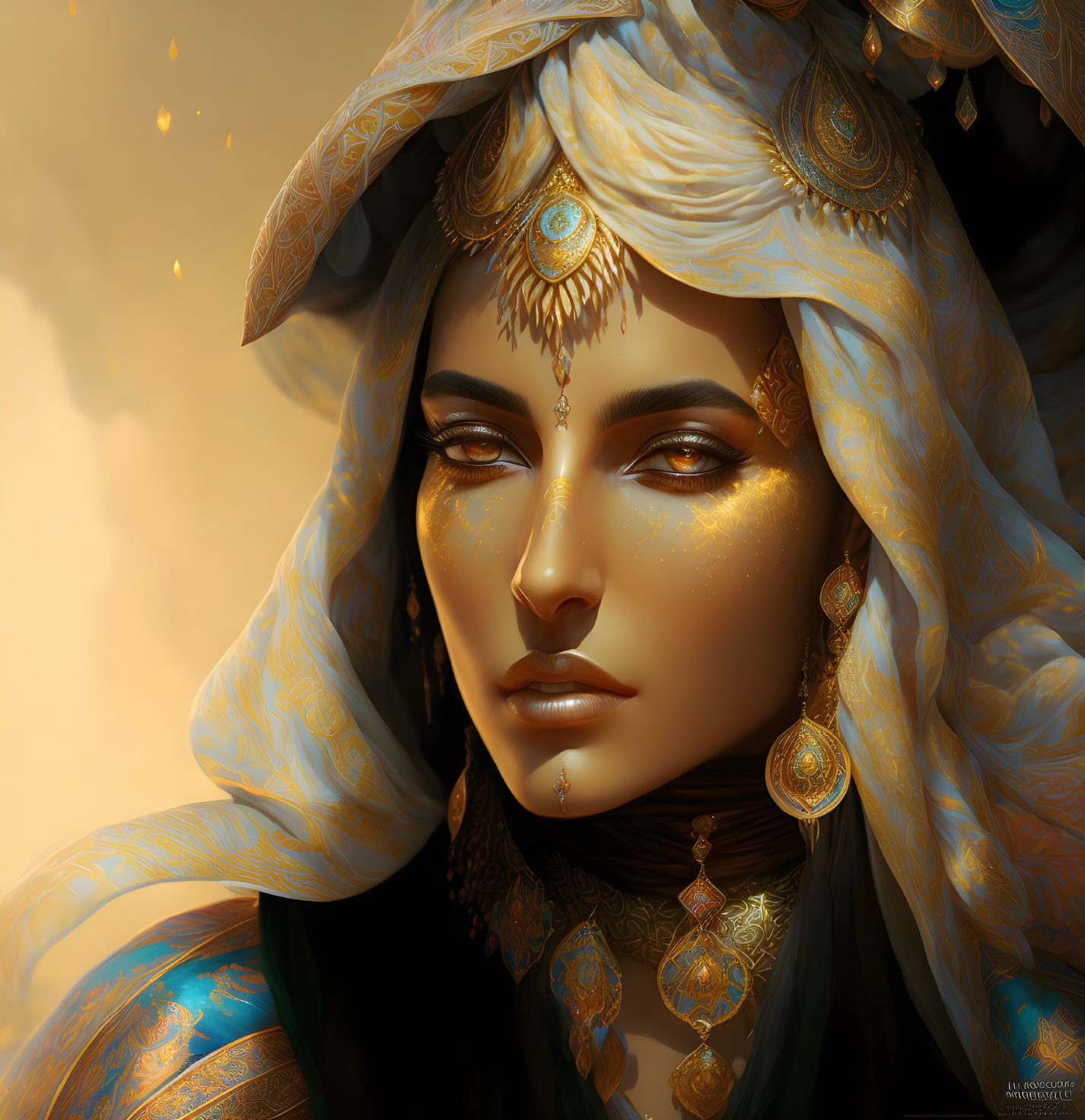 Illustrated portrait of woman in golden jewelry and headdress with warm hues