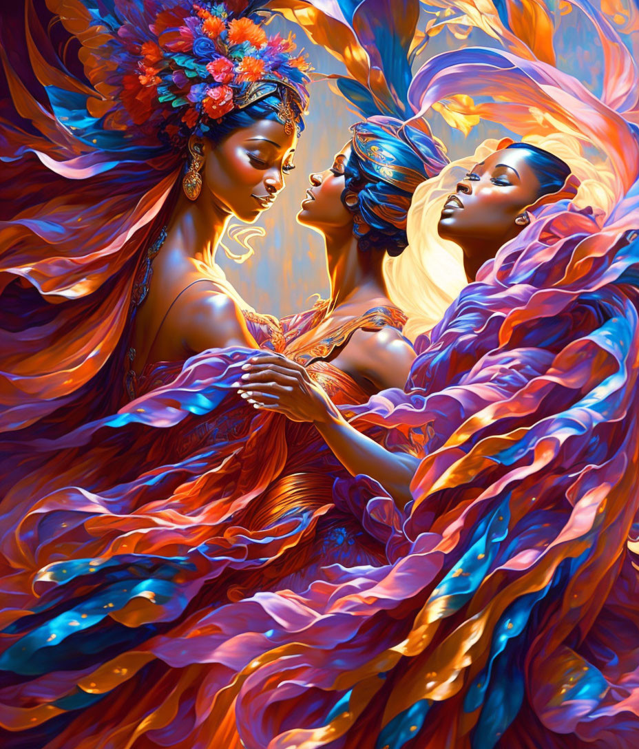 Three women in vibrant flowing gowns and intricate headpieces embrace in a cascade of fiery colors