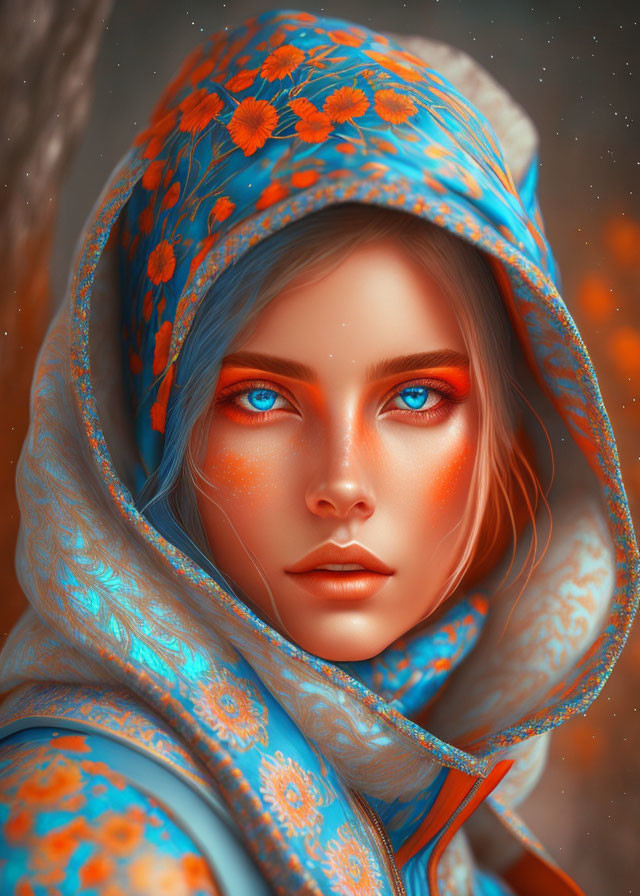 Beauty girl with a blue and orange hood.