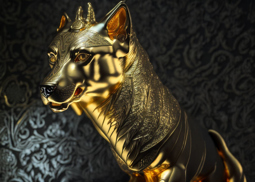 Golden Dog Statue with Intricate Designs on Dark Background