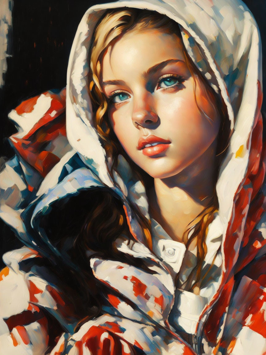 Digital painting of young woman with blue eyes in white hoodie with red accents on dark background