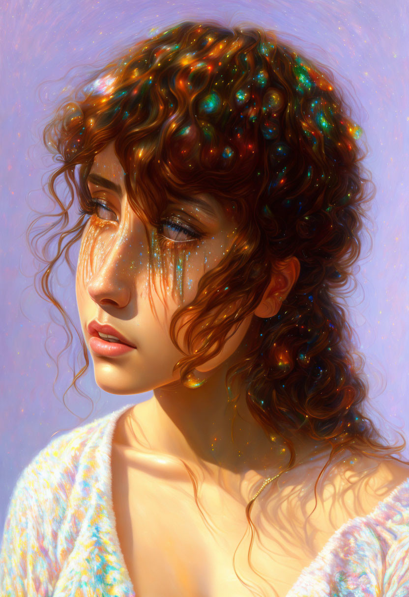 Multicolored hair woman in digital painting against luminous background