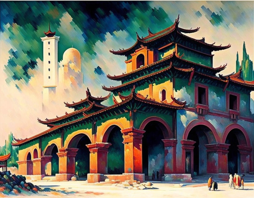 Ancient Chinese temple complex painting with red and green architecture