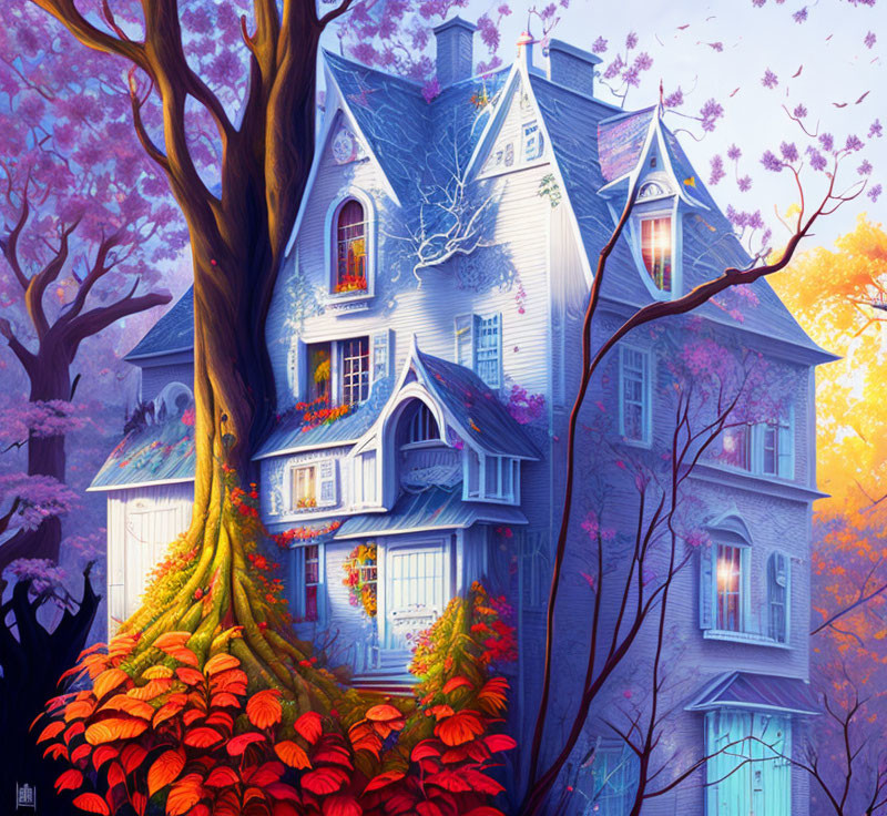 Whimsical blue Victorian house in autumn and cherry blossom setting