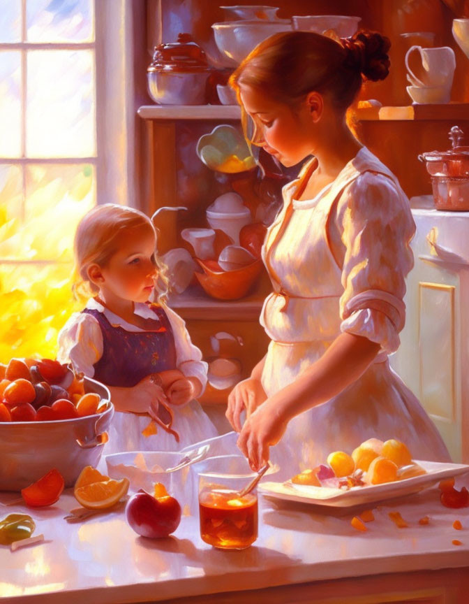 Warm-toned painting of girl cooking with child in golden-lit kitchen