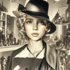 Stylized illustration of a girl in wide-brimmed hat and vintage outfit among monochrome leaf