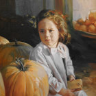 Girl with Autumn Leaves in Hair Among Pumpkins - Pensive Expression