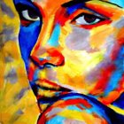 Vibrant portrait of stylized woman with intense eyes in blue, yellow, and red tones