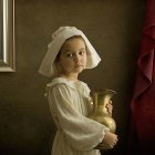 Young child in traditional Asian attire with ornate jar by floral wallpaper