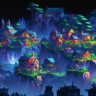 Magical village on lush island under moonlit sky