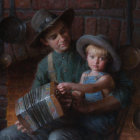 Three Girls in Vintage Clothing Reading Book with Bottle and Teacup