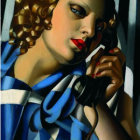 Colorful painting of woman with wavy hair holding retro telephone