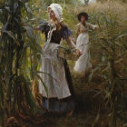 Two people with straw hats in a cornfield with ripe corn cobs and a basket.