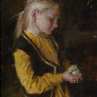 Young girl in vintage attire holding an onion with a hat and flower