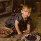 Young girl in blue dress surrounded by sweets and chocolate smear