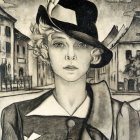 Blonde female figure in fedora hat and cape in industrial setting