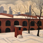 Snow-covered building with arched windows and warm lighting in serene winter setting