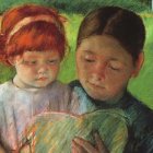 Two girls reading book in sunlit meadow