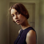 Elegant woman with blue flower accessory and sequined navy dress