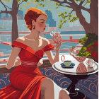 Woman in Red Dress at Cafe Table with Wine Glass in Serene Setting