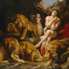 Lions in armor and draped fabrics with regal poses