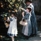 Vintage-dressed girls picking oranges in lush orchard scenery