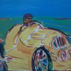 Stylized painting of person driving classic golden roadster