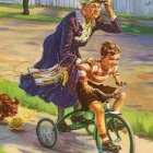 Colorful painting of woman assisting child on bicycle in sunny park