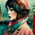 Colorful digital artwork featuring a stylized woman with red hat and blue scarf