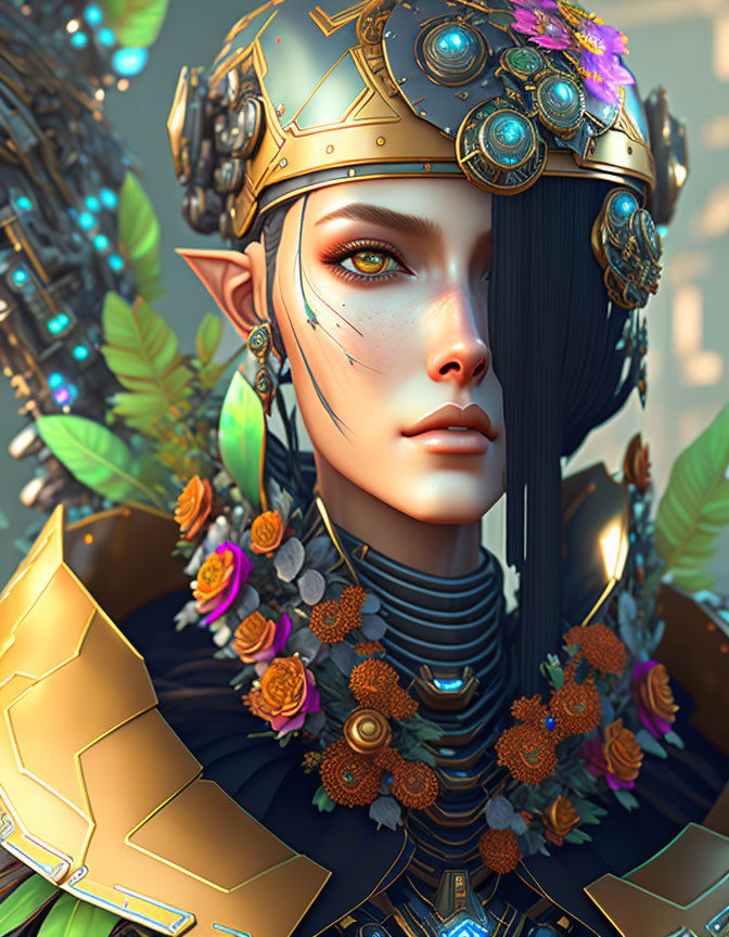 Female Elf in Golden Armor and Flower Crown on Glowing Background