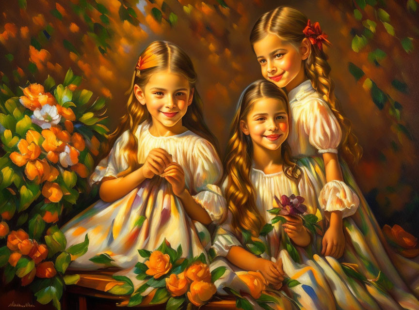 Vintage dresses: Three girls among flowers in warm lighting