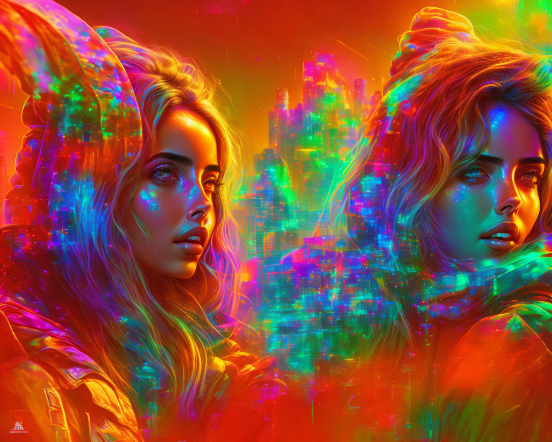 Colorful Cyberpunk Art: Glowing Women in Neon Cityscape